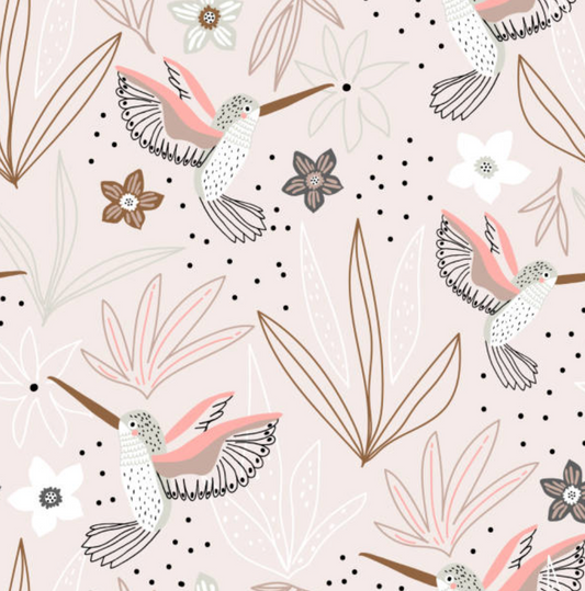 Hummingbirds on Soft Pink - Cotton Lycra Fabric