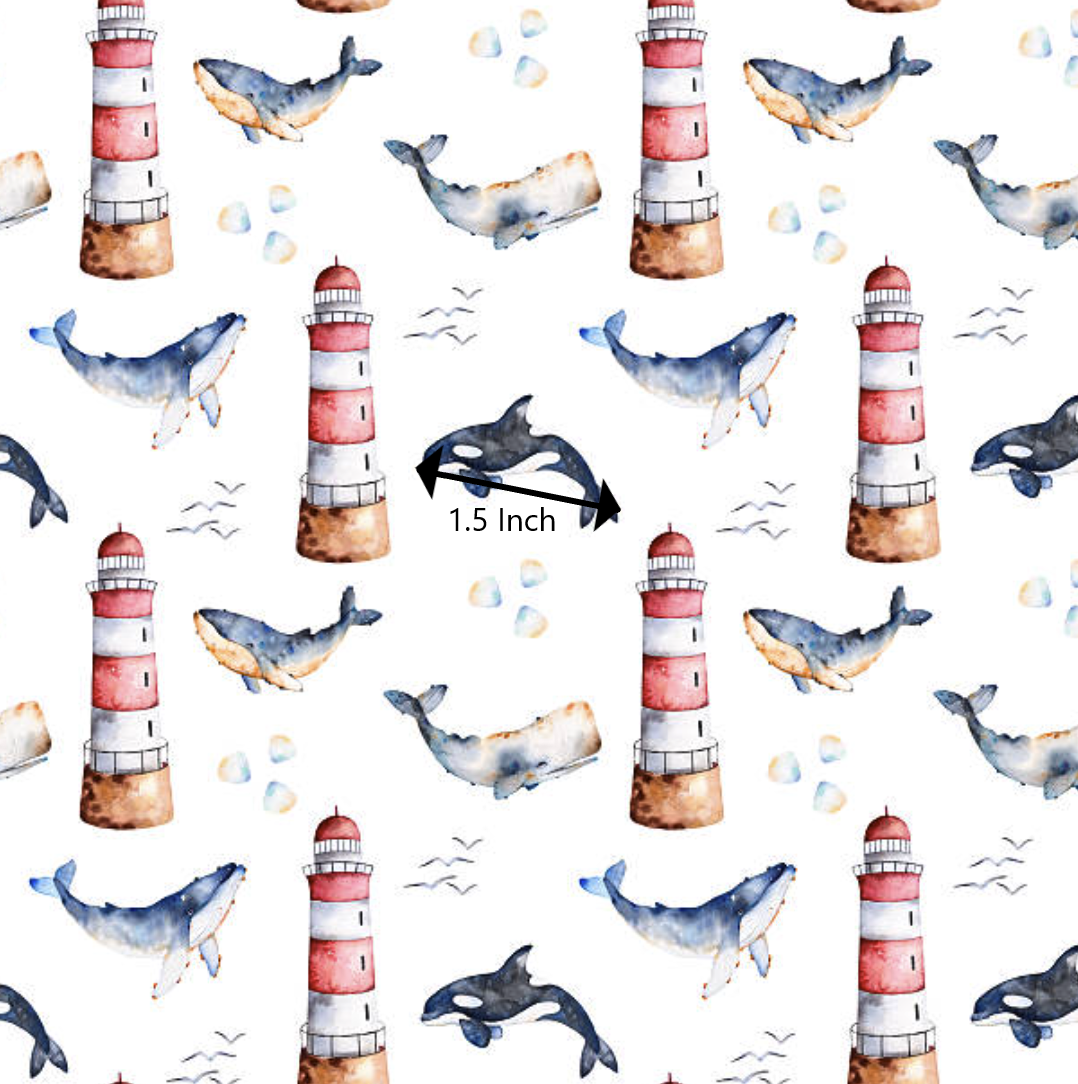 Ocean Lighthouse and whales - 100% Cotton Woven Fabric