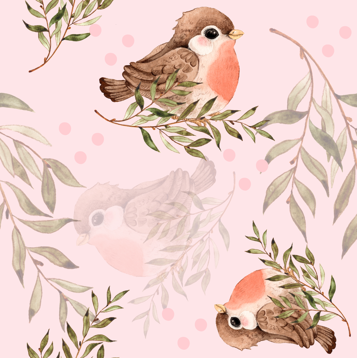 Song Birds on Soft Pink 1.5 Inch REMNANT 44cm - Cotton Lycra Fabric