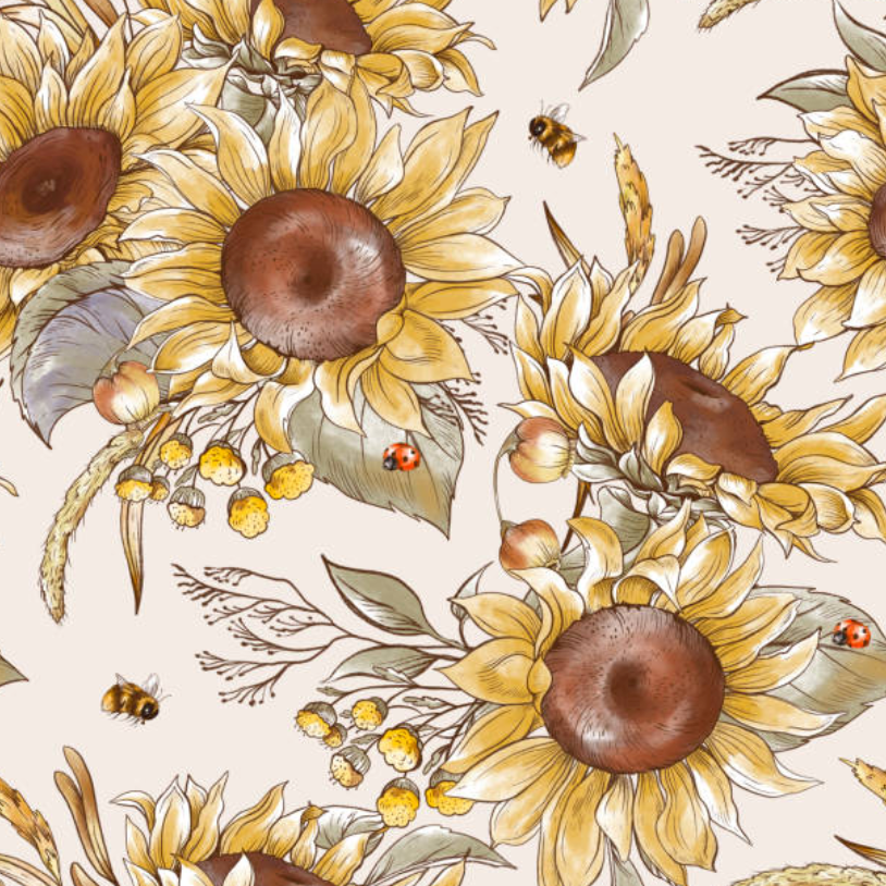 Sunflowers and Ladybugs - Linen Fabric