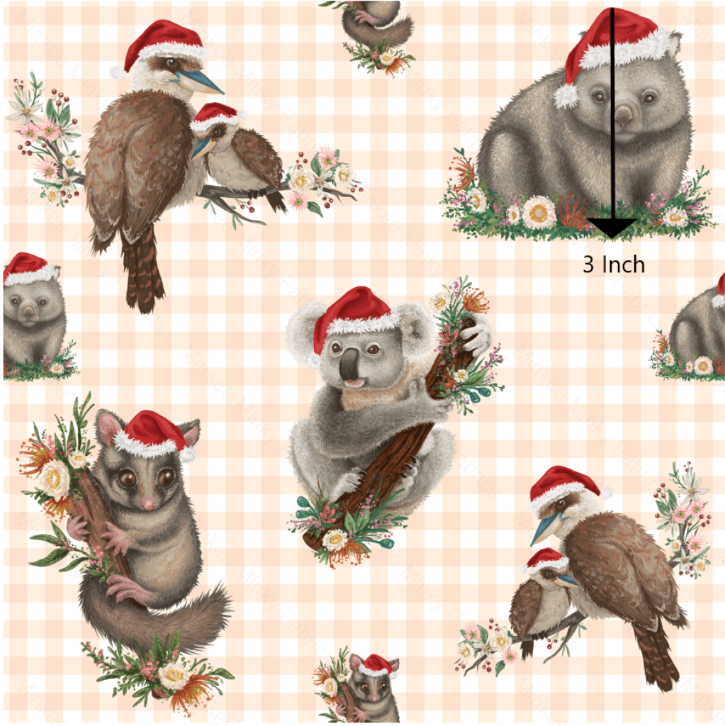 Aussie Christmas Animals On Oatmeal Gingham (June Pre-Order) - Fabric Digital Preorder