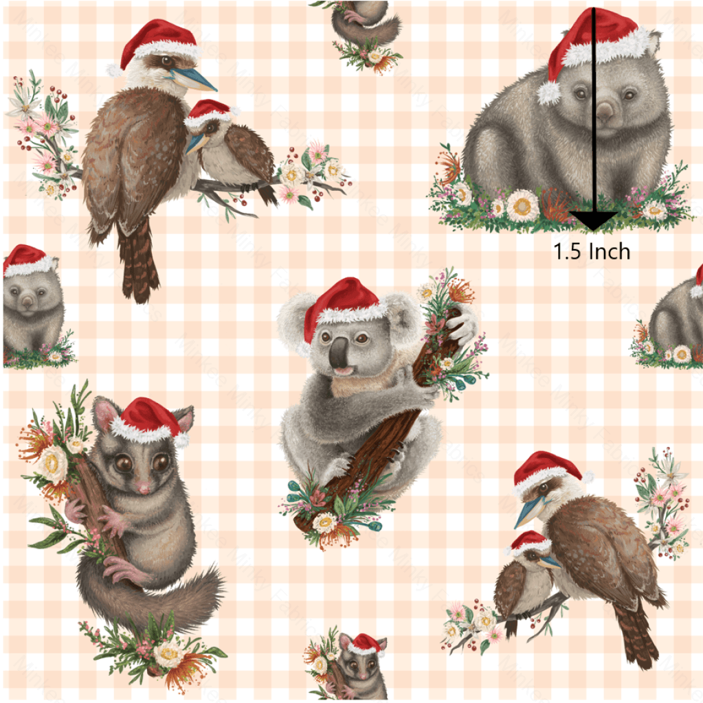 Aussie Christmas Animals On Oatmeal Gingham (June Pre-Order) - Fabric Digital Preorder