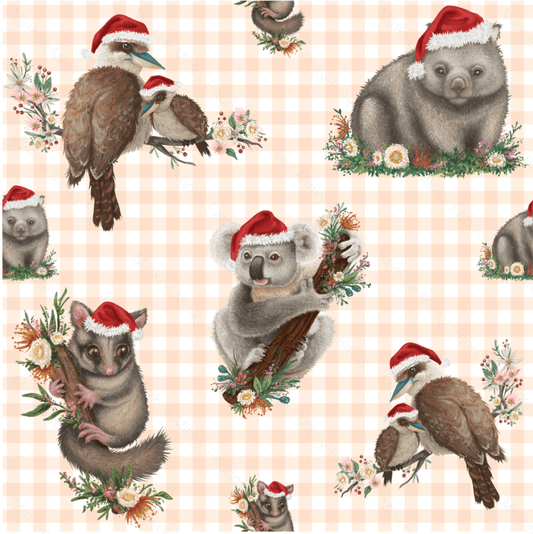 Aussie Christmas Animals On Oatmeal Gingham (June Pre-Order) - Fabric Digital Preorder