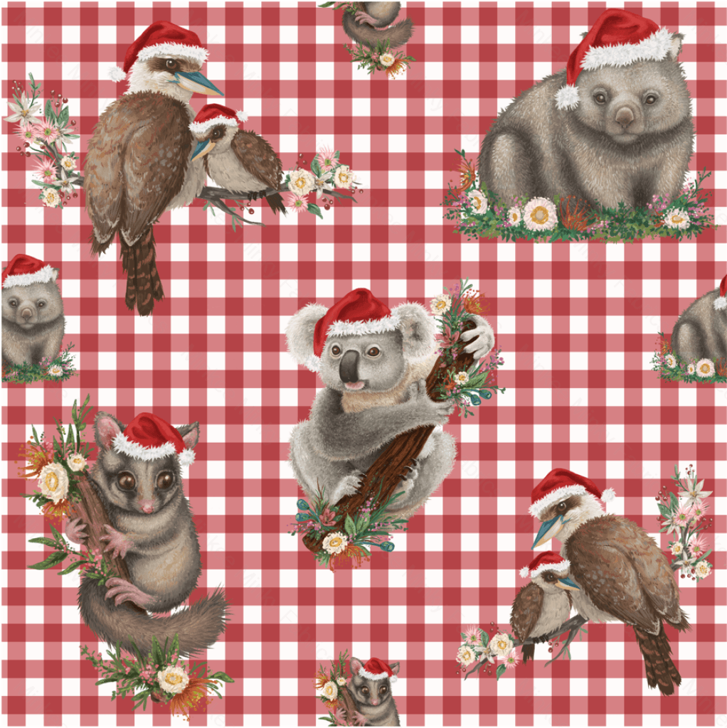 Aussie Christmas Animals On Red Gingham (June Pre-Order) - Fabric Digital Preorder