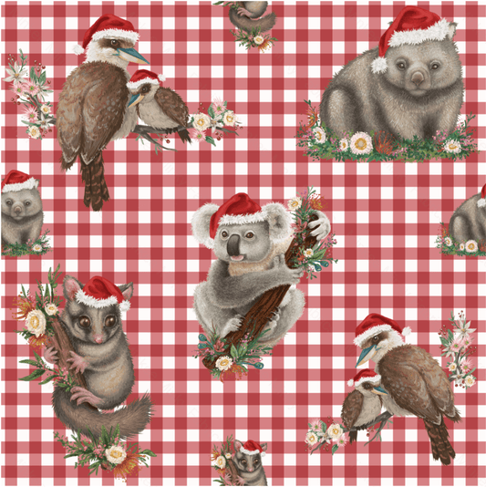 Aussie Christmas Animals On Red Gingham (June Pre-Order) - Fabric Digital Preorder