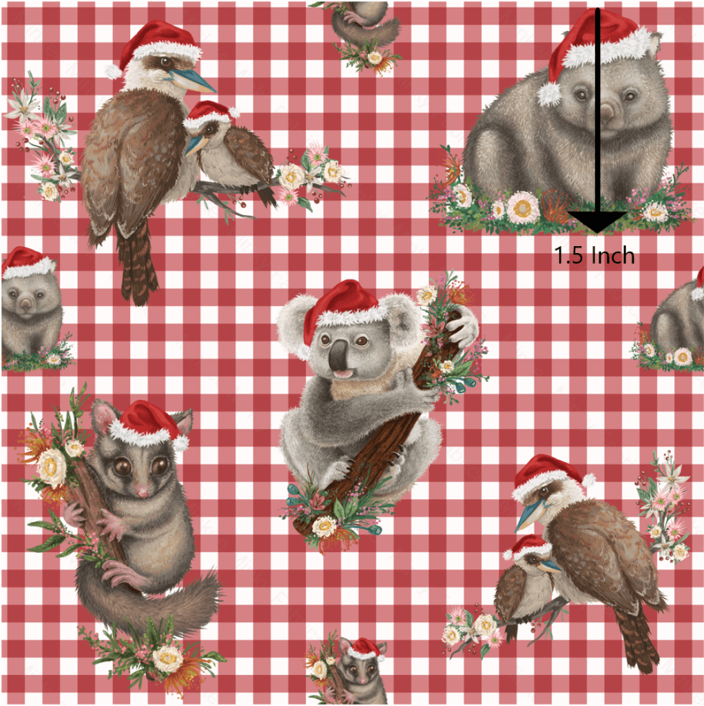 Aussie Christmas Animals On Red Gingham (June Pre-Order) - Fabric Digital Preorder