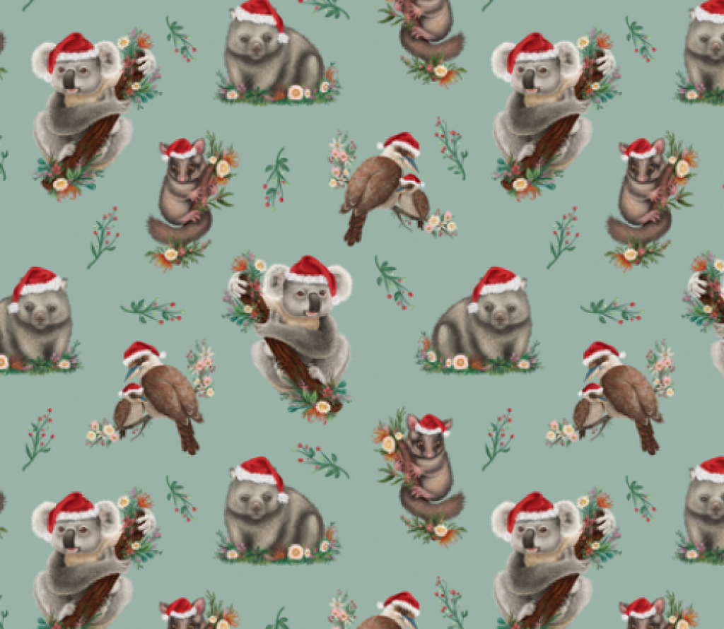 Aussie Animals Christmas On Sage (August Pre-Order) Digital Fabric Preorder
