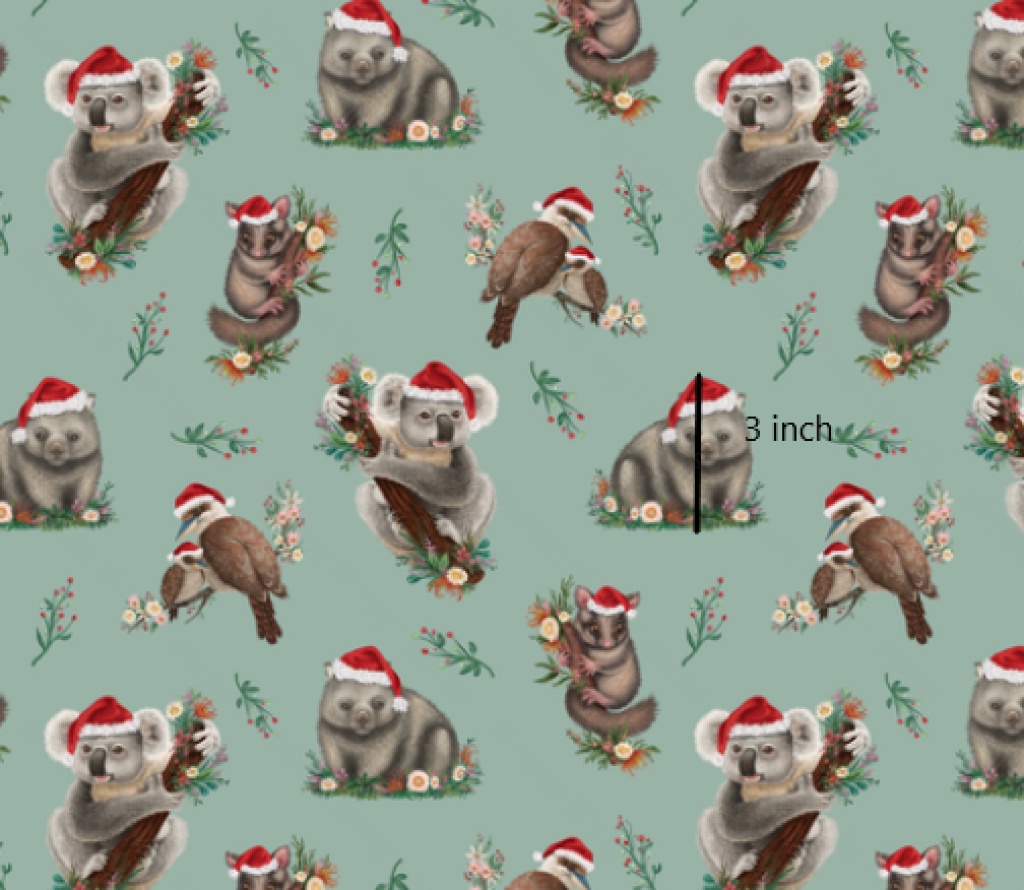 Aussie Animals Christmas On Sage (August Pre-Order) Digital Fabric Preorder