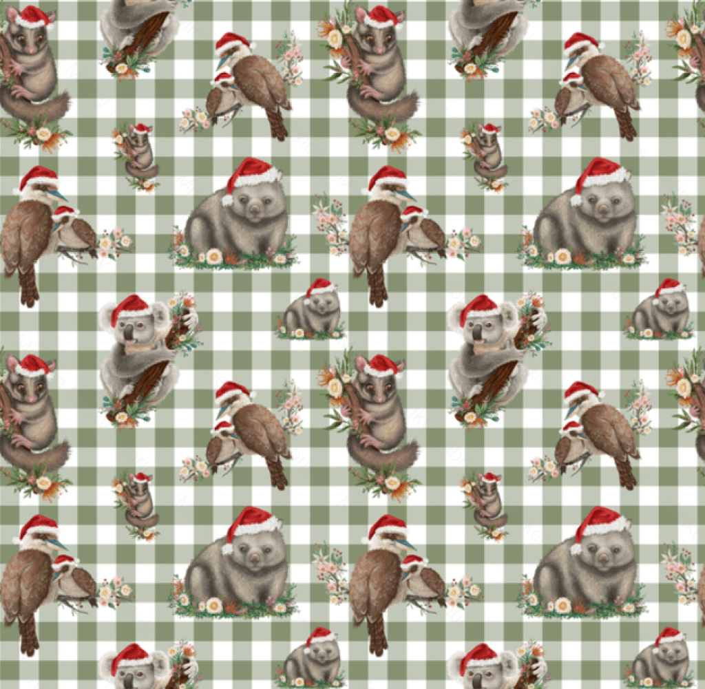 Aussie Christmas Animals On Sage Gingham (June Pre-Order) - Fabric Digital Preorder