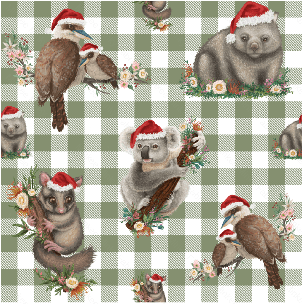 Aussie Christmas Animals On Sage Gingham (June Pre-Order) - Fabric Digital Preorder