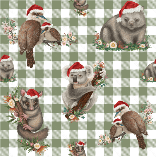 Aussie Christmas Animals On Sage Gingham (June Pre-Order) - Fabric Digital Preorder