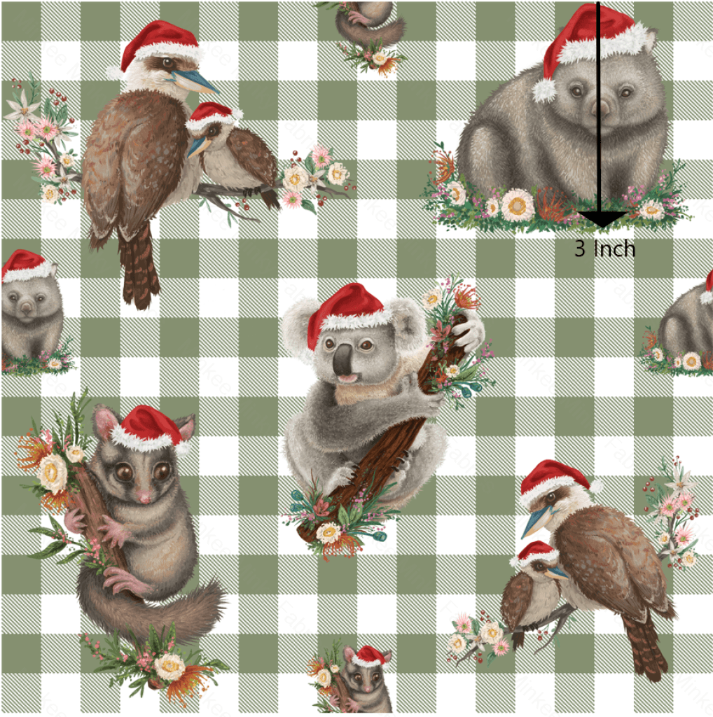 Aussie Christmas Animals On Sage Gingham (June Pre-Order) - Fabric Digital Preorder