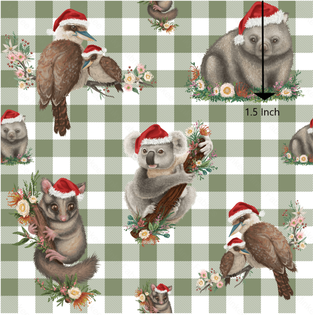 Aussie Christmas Animals On Sage Gingham (June Pre-Order) - Fabric Digital Preorder