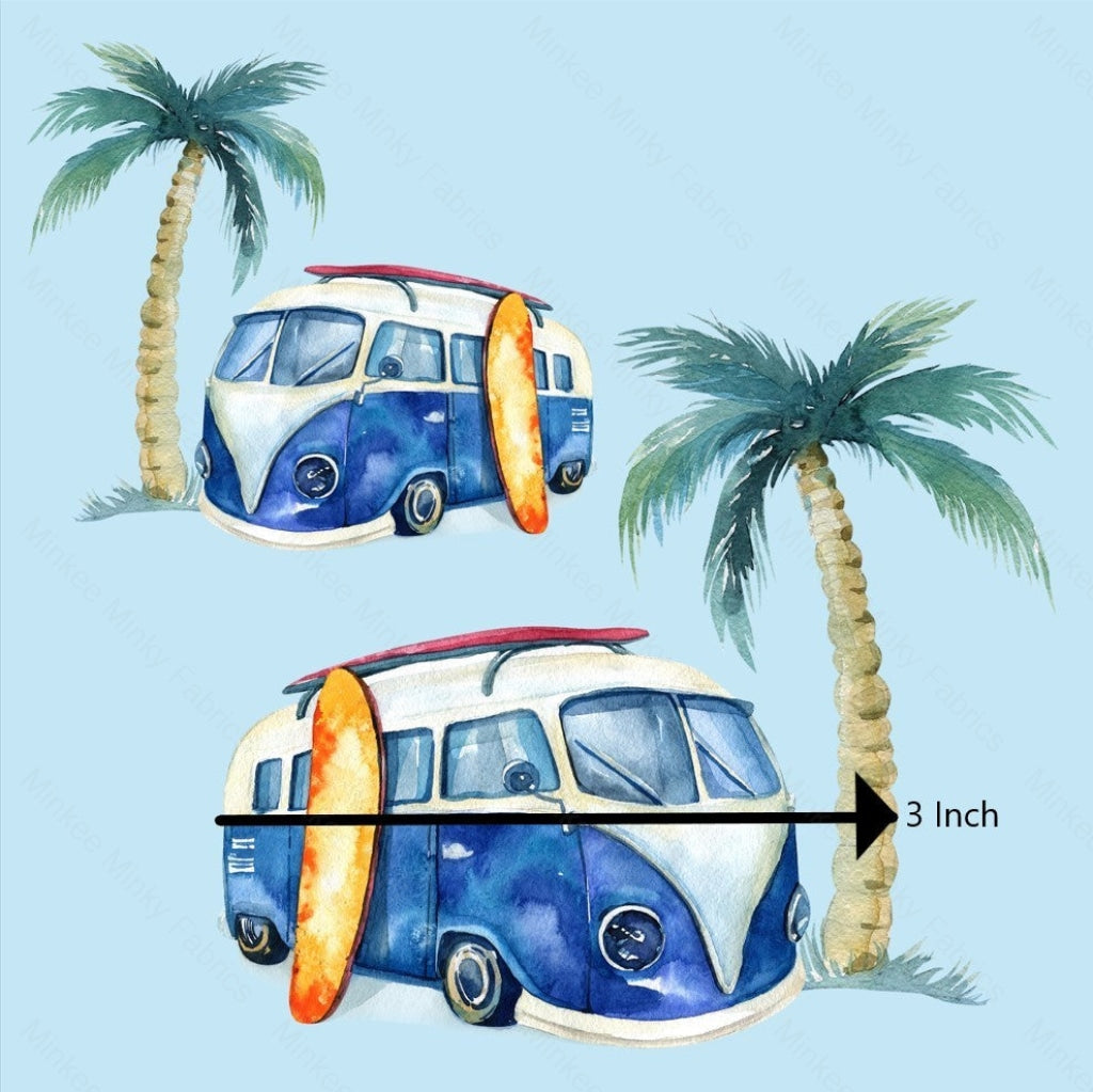 Blue Kombis And Palm Trees - 100% Cotton Poplin Fabric Digital Retail