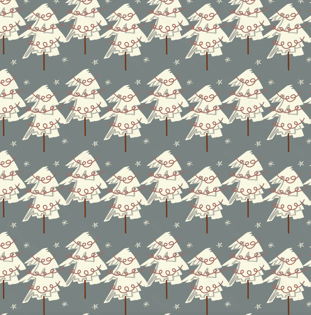 Christmas Trees And Tinsel On Forest Green (August Pre-Order) Digital Fabric Preorder