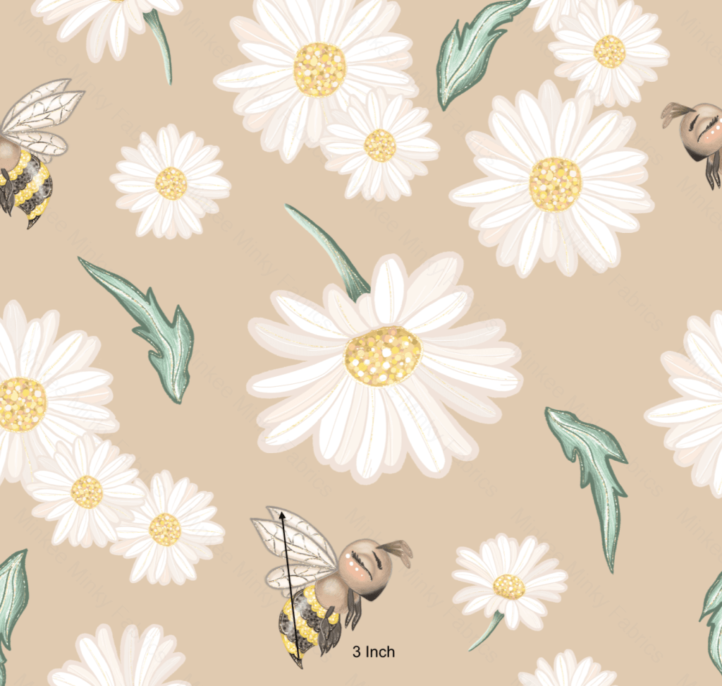 Daisies And Bees On Oatmeal (Woodland Pre-Order) Cotton Sateen / 3 Inches Digital Fabric Preorder