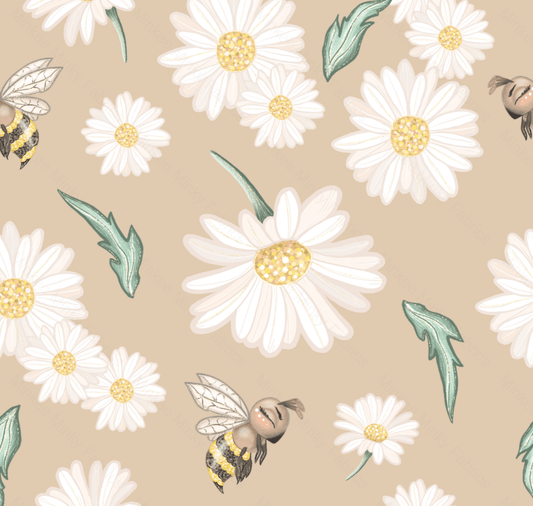 Daisies And Bees On Oatmeal (Woodland Pre-Order) Select Fabric Base / Print Size Digital Preorder