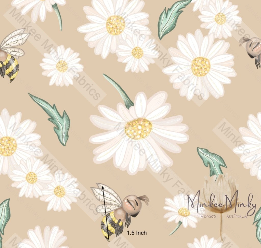 Daisies And Bees On Oatmeal - Retail Minky 1.5 Inch Digital Fabric Retail