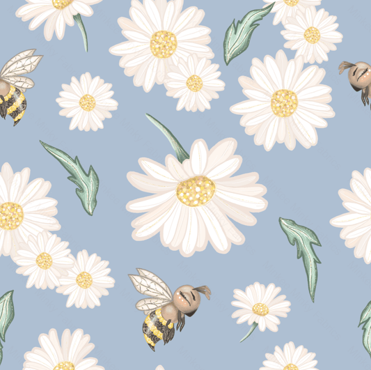 Daisies And Bees On Sky Blue (Woodland Pre-Order) Select Fabric Base / Print Size Digital Preorder
