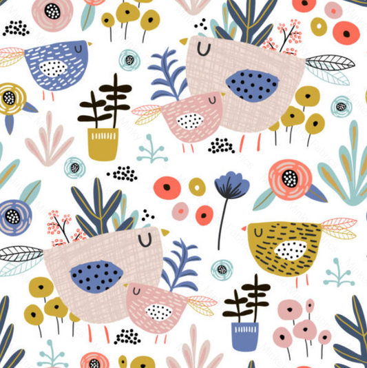 Flower Patch Birds - Cotton Lycra Fabric Digital Retail