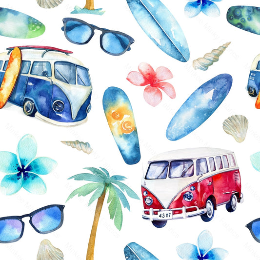 Red & Blue Kombi Van On White (August Pre-Order) Digital Fabric Preorder