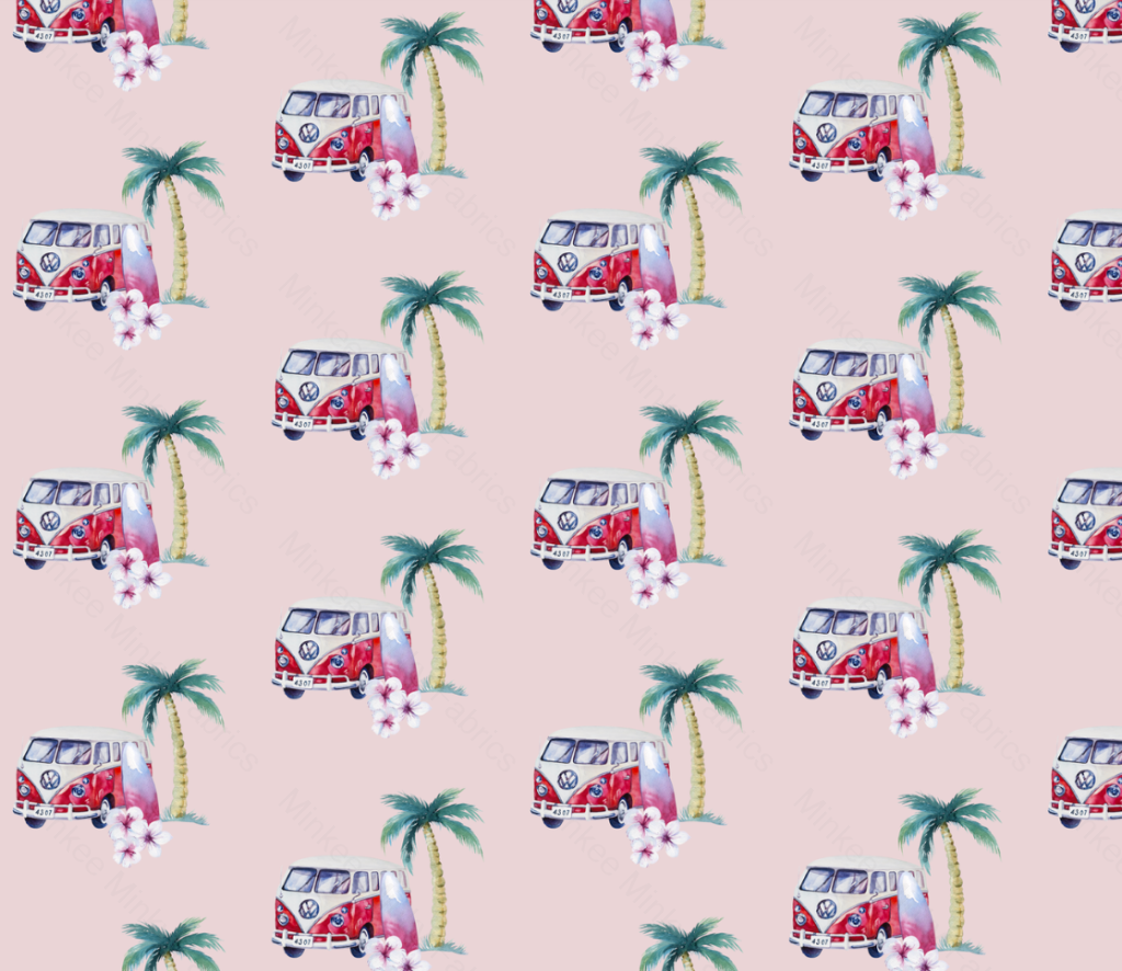 Red Kombis And Palm Trees - 100% Cotton Woven Fabric Digital Preorder
