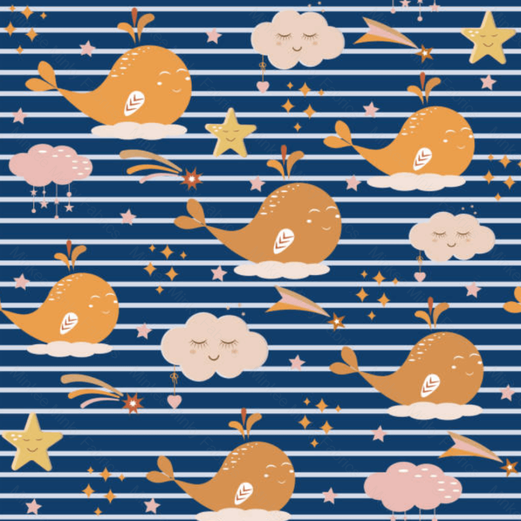 Whales On Navy Stripes (May Pre-Order) - Fabric Digital Preorder
