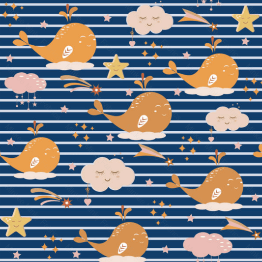 Whales On Navy Stripes - Cotton Lycra Fabric Digital Retail